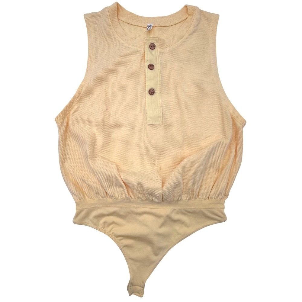 Intimately Free People Peek Aye Bodysuit Sunlight Yellow Waffle Knit Henley Sz S